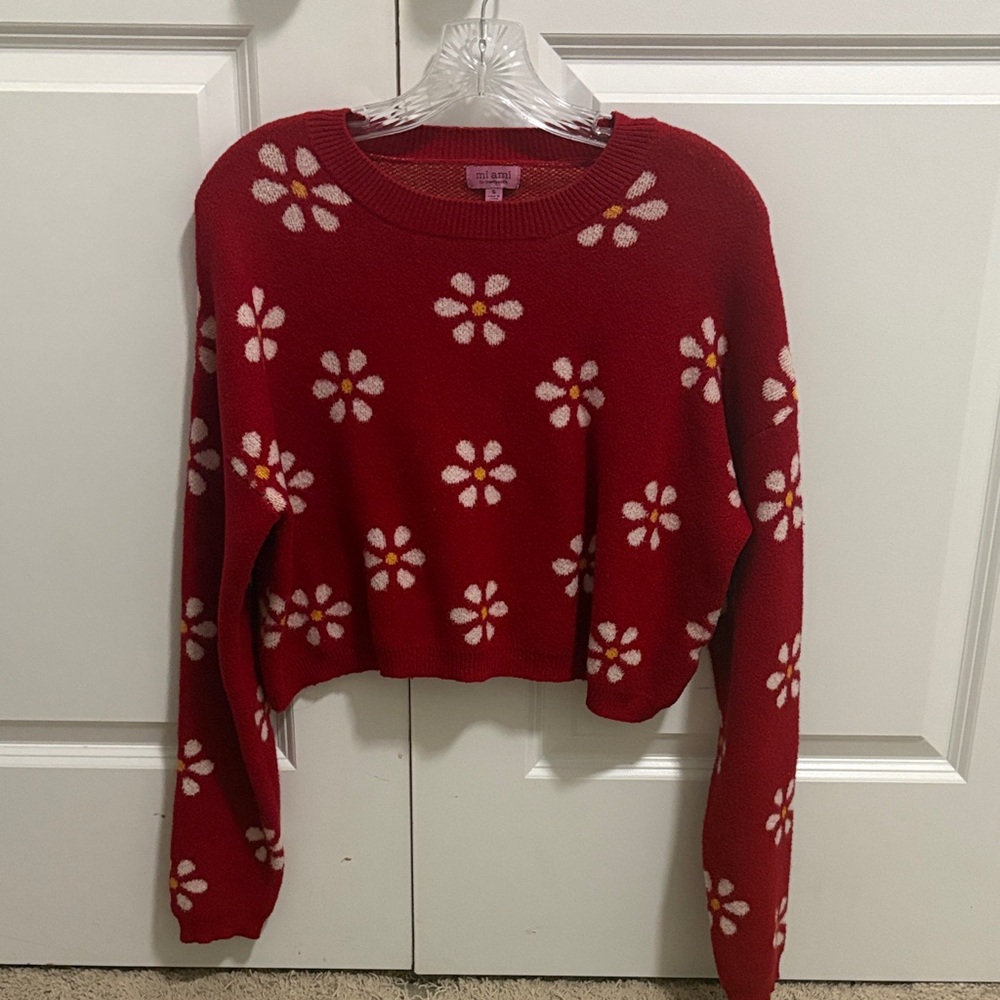 miami Red Crewneck Sweater with White & Yellow Daisy Pattern